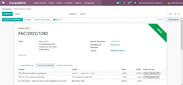 interface gestion facture client odoo